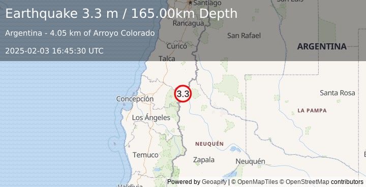 Earthquake NEUQUEN, ARGENTINA (3.3 m) (2025-02-03 16:45:30 UTC)