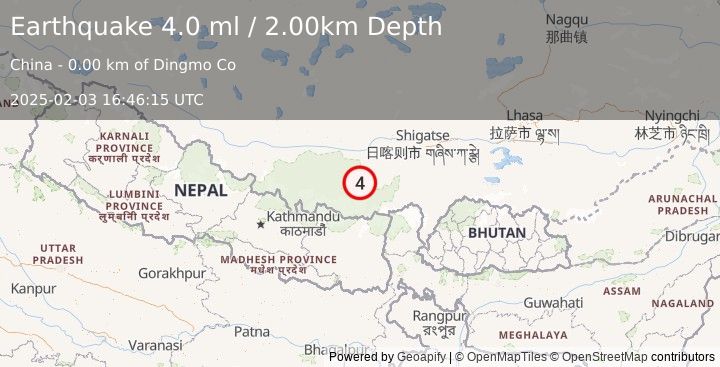 Earthquake WESTERN XIZANG (4.0 ml) (2025-02-03 16:46:15 UTC)