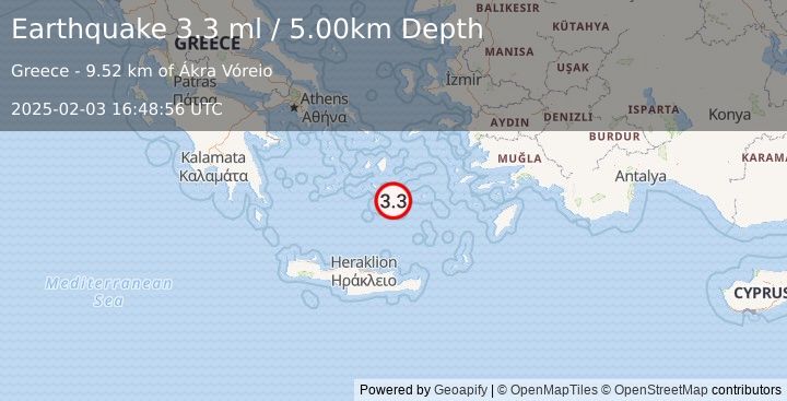 Earthquake DODECANESE ISLANDS, GREECE (3.3 ml) (2025-02-03 16:48:56 UTC)