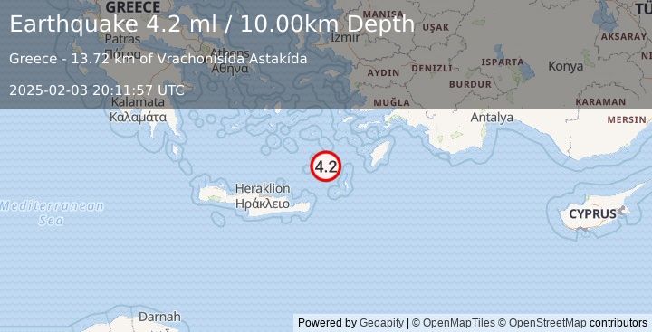 Earthquake CRETE, GREECE (4.2 ml) (2025-02-03 20:11:57 UTC)