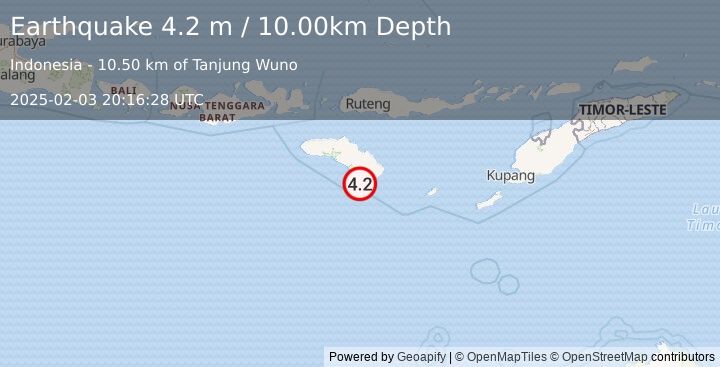 Earthquake SUMBA REGION, INDONESIA (4.2 m) (2025-02-03 20:16:28 UTC)