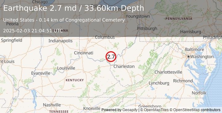 Earthquake OHIO (2.7 md) (2025-02-03 21:04:51 UTC)