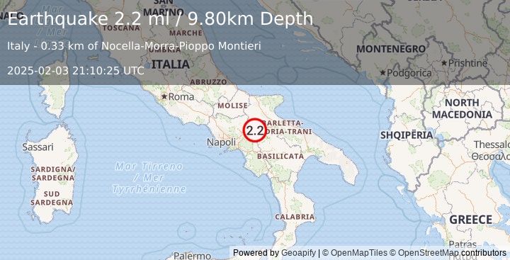 Earthquake SOUTHERN ITALY (2.2 ml) (2025-02-03 21:10:25 UTC)