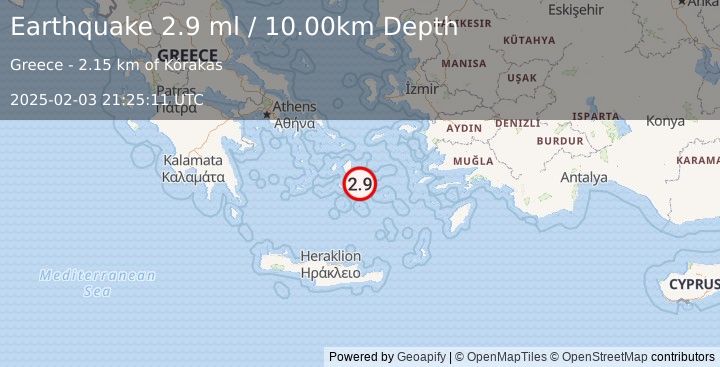 Earthquake DODECANESE ISLANDS, GREECE (2.9 ml) (2025-02-03 21:25:11 UTC)