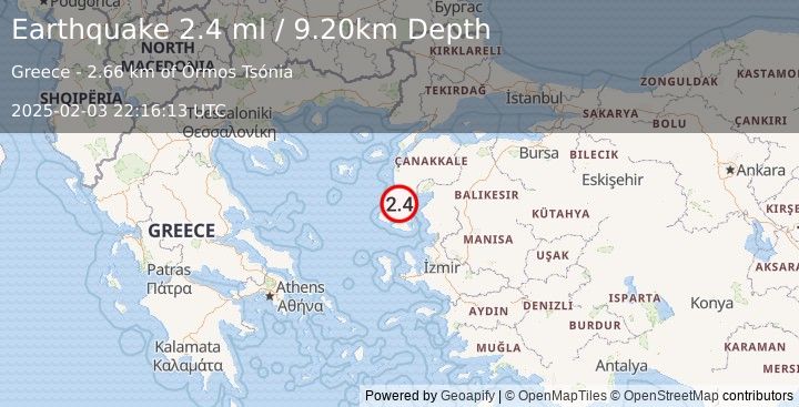 Earthquake NEAR THE COAST OF WESTERN TURKEY (2.4 ml) (2025-02-03 22:16:13 UTC)