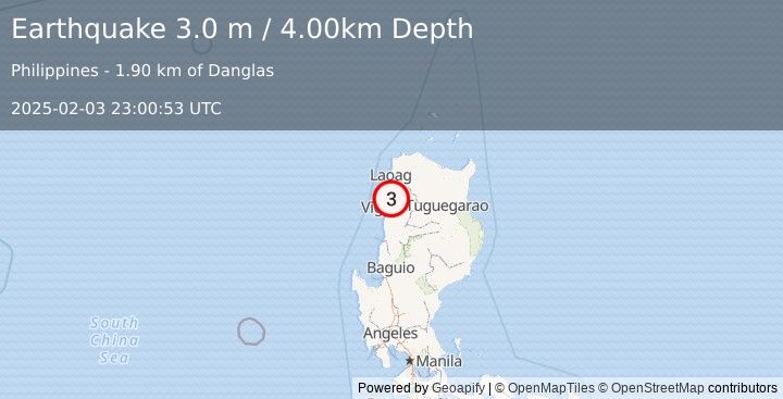 Earthquake LUZON, PHILIPPINES (3.0 m) (2025-02-03 23:00:53 UTC)