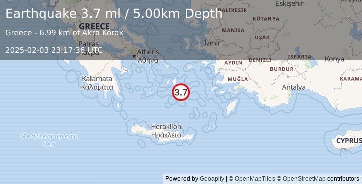 Earthquake DODECANESE ISLANDS, GREECE (3.7 ml) (2025-02-03 23:17:36 UTC)