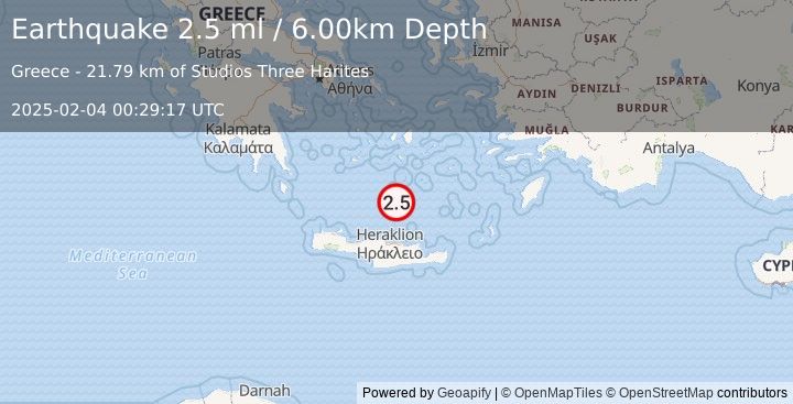 Earthquake DODECANESE ISLANDS, GREECE (2.5 ml) (2025-02-04 00:29:17 UTC)