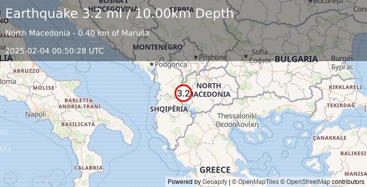 Earthquake REPUBLIC OF NORTH MACEDONIA (3.3 ml) (2025-02-04 00:50:29 UTC)