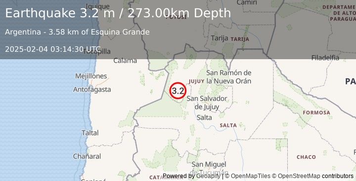 Earthquake JUJUY, ARGENTINA (3.2 m) (2025-02-04 03:14:30 UTC)