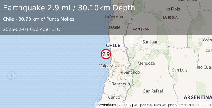 Earthquake OFFSHORE VALPARAISO, CHILE (2.9 ml) (2025-02-04 03:54:56 UTC)