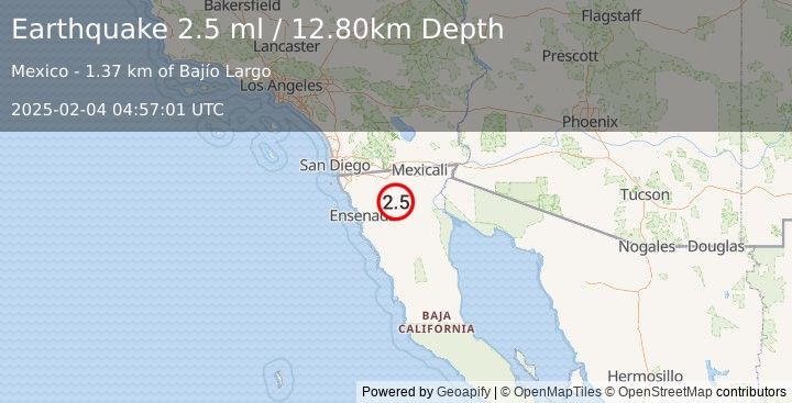 Earthquake BAJA CALIFORNIA, MEXICO (2.5 ml) (2025-02-04 04:57:02 UTC)