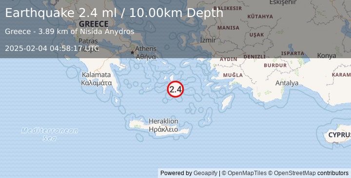 Earthquake DODECANESE ISLANDS, GREECE (2.4 ml) (2025-02-04 04:58:17 UTC)