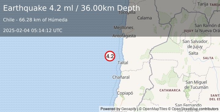 Earthquake OFF COAST OF ANTOFAGASTA, CHILE (4.2 ml) (2025-02-04 05:14:12 UTC)