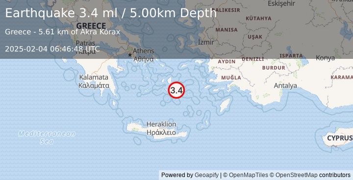 Earthquake DODECANESE ISLANDS, GREECE (3.4 ml) (2025-02-04 06:46:48 UTC)