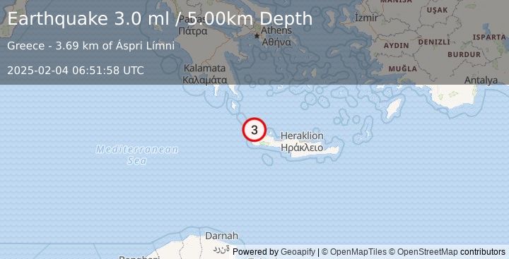 Earthquake CRETE, GREECE (3.0 ml) (2025-02-04 06:51:58 UTC)