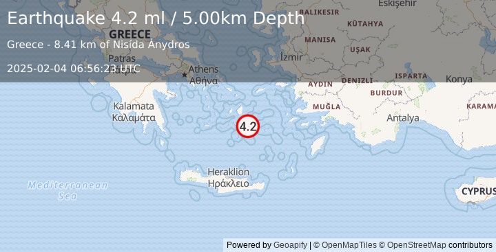 Earthquake DODECANESE ISLANDS, GREECE (4.2 ml) (2025-02-04 06:56:24 UTC)