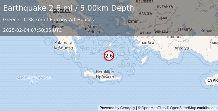 Earthquake DODECANESE ISLANDS, GREECE (2.6 ml) (2025-02-04 07:50:35 UTC)