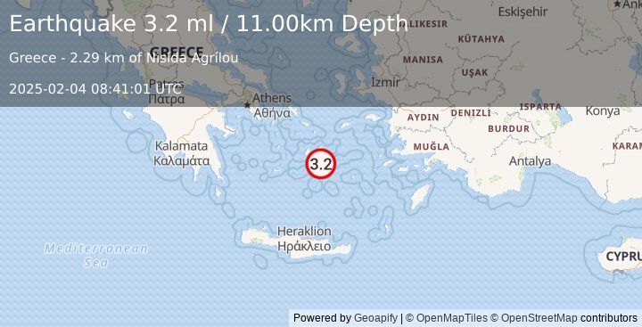 Earthquake DODECANESE ISLANDS, GREECE (3.2 ml) (2025-02-04 08:41:01 UTC)