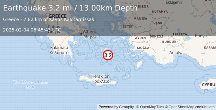 Earthquake DODECANESE ISLANDS, GREECE (3.2 ml) (2025-02-04 08:45:43 UTC)