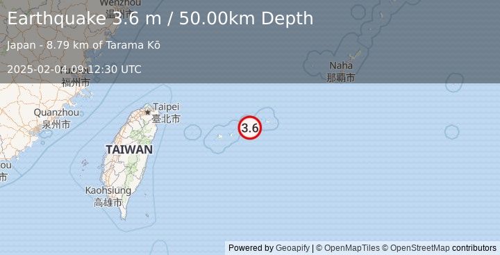 Earthquake SOUTHWESTERN RYUKYU ISL., JAPAN (3.6 m) (2025-02-04 09:12:30 UTC)