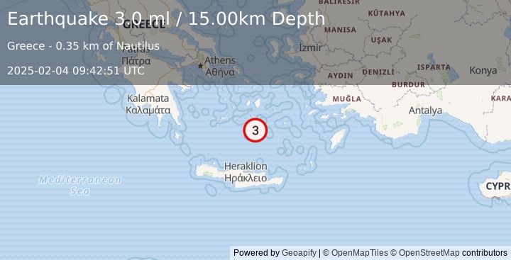 Earthquake DODECANESE ISLANDS, GREECE (3.2 ml) (2025-02-04 09:43:40 UTC)