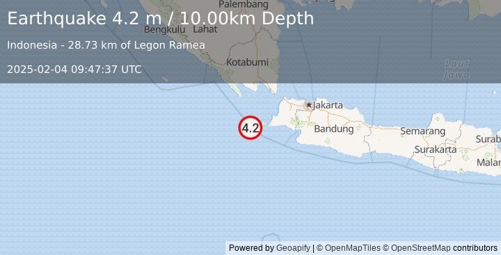 Earthquake SUNDA STRAIT, INDONESIA (4.2 m) (2025-02-04 09:47:37 UTC)