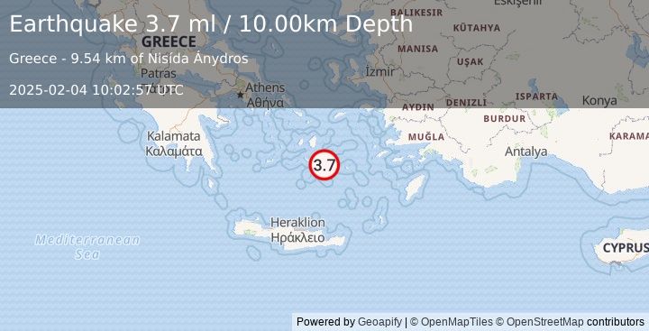 Earthquake DODECANESE ISLANDS, GREECE (3.8 ml) (2025-02-04 10:02:55 UTC)