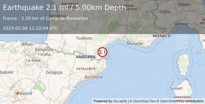 Earthquake PYRENEES (2.1 ml) (2025-02-04 11:22:04 UTC)