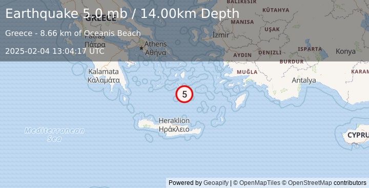 Earthquake DODECANESE ISLANDS, GREECE (5.0 ml) (2025-02-04 13:04:16 UTC)