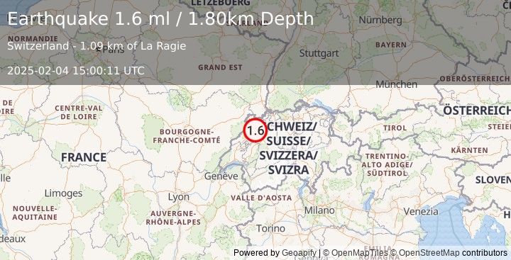 Earthquake SWITZERLAND (1.6 ml) (2025-02-04 15:00:11 UTC)