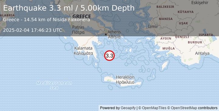 Earthquake DODECANESE ISLANDS, GREECE (3.1 ml) (2025-02-04 17:46:54 UTC)