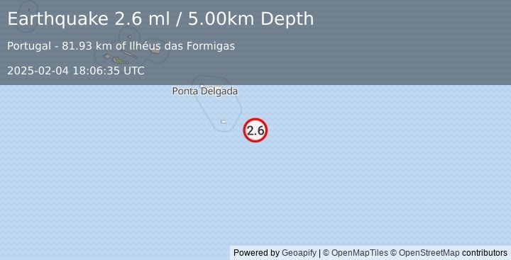 Earthquake AZORES ISLANDS REGION (2.6 ml) (2025-02-04 18:06:35 UTC)