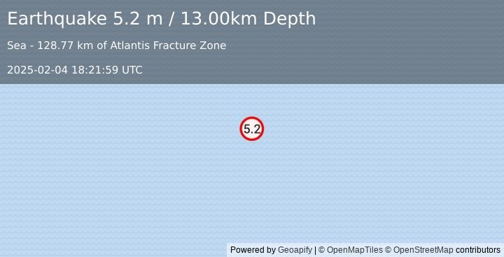 Earthquake NORTHERN MID-ATLANTIC RIDGE (5.2 m) (2025-02-04 18:21:59 UTC)