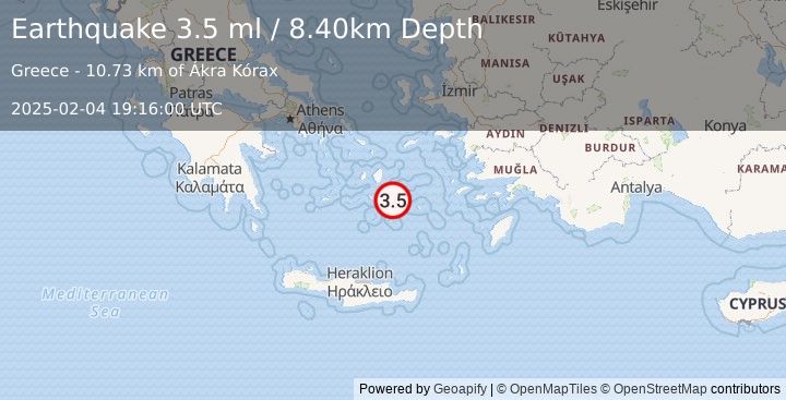 Earthquake DODECANESE ISLANDS, GREECE (3.5 ml) (2025-02-04 19:16:00 UTC)