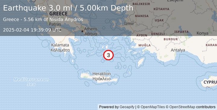 Earthquake DODECANESE ISLANDS, GREECE (3.0 ml) (2025-02-04 19:39:09 UTC)