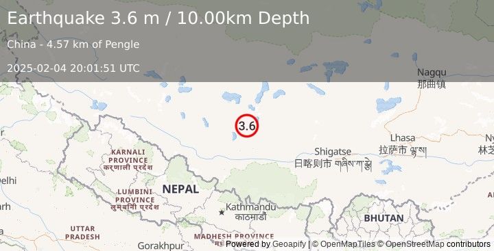 Earthquake WESTERN XIZANG (3.6 m) (2025-02-04 20:01:51 UTC)