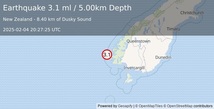 Earthquake OFF W. COAST OF S. ISLAND, N.Z. (3.1 ml) (2025-02-04 20:27:25 UTC)