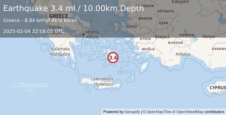 Earthquake DODECANESE ISLANDS, GREECE (3.4 ml) (2025-02-04 22:18:05 UTC)