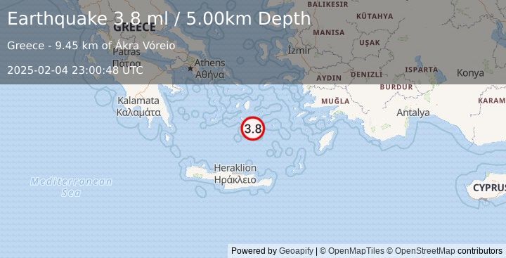 Earthquake DODECANESE ISLANDS, GREECE (3.8 ml) (2025-02-04 23:00:48 UTC)