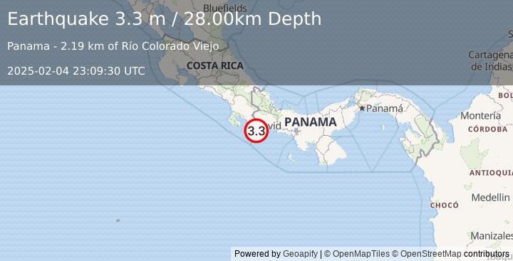 Earthquake PANAMA-COSTA RICA BORDER REGION (3.3 m) (2025-02-04 23:09:30 UTC)