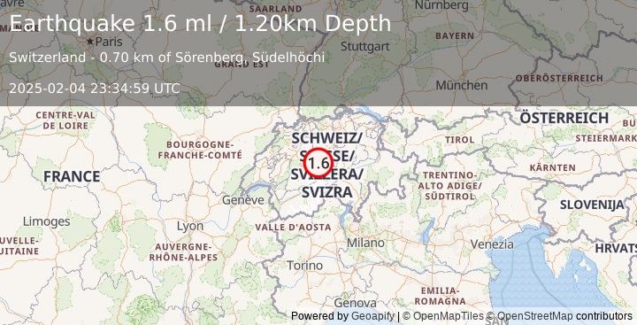 Earthquake SWITZERLAND (1.6 ml) (2025-02-04 23:34:59 UTC)