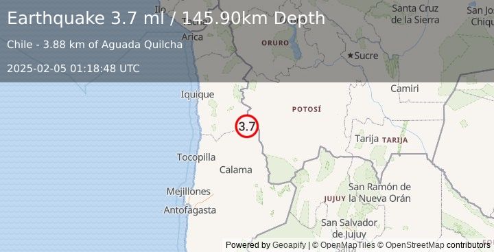 Earthquake ANTOFAGASTA, CHILE (3.7 ml) (2025-02-05 01:18:48 UTC)