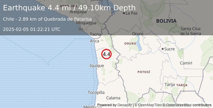 Earthquake TARAPACA, CHILE (4.5 m) (2025-02-05 01:22:19 UTC)