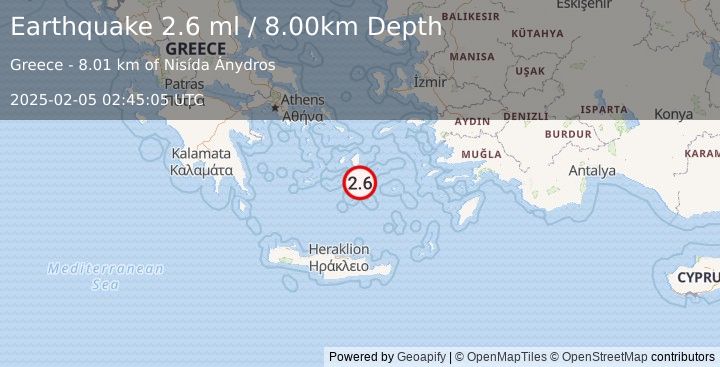 Earthquake DODECANESE ISLANDS, GREECE (2.6 ml) (2025-02-05 02:45:05 UTC)