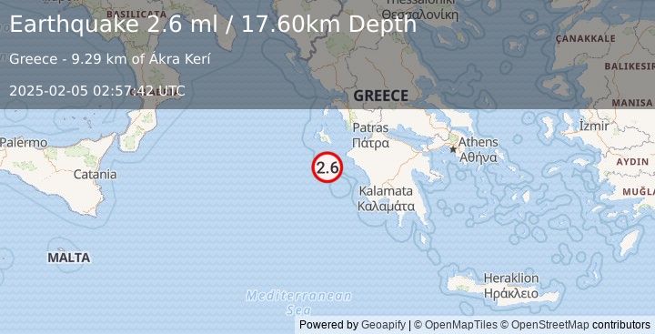 Earthquake IONIAN SEA (2.6 ml) (2025-02-05 02:57:42 UTC)