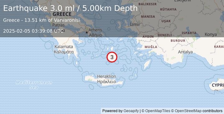 Earthquake DODECANESE ISLANDS, GREECE (3.0 ml) (2025-02-05 03:39:08 UTC)