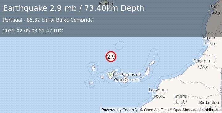 Earthquake CANARY ISLANDS, SPAIN REGION (2.9 mb) (2025-02-05 03:51:47 UTC)