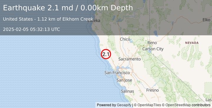 Earthquake NORTHERN CALIFORNIA (2.1 md) (2025-02-05 05:32:13 UTC)