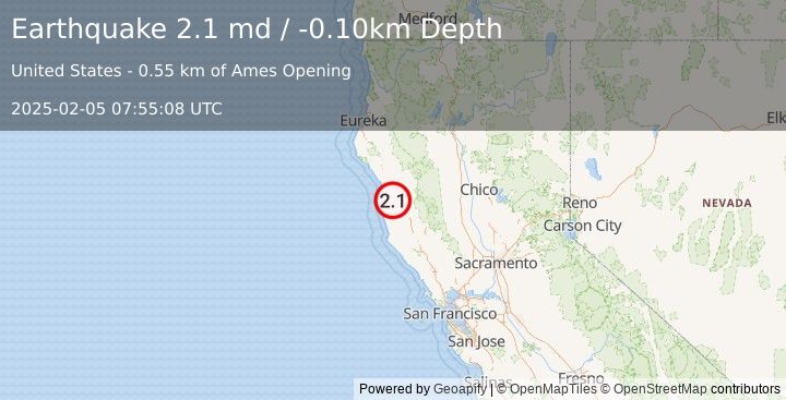 Earthquake NORTHERN CALIFORNIA (2.1 md) (2025-02-05 07:55:08 UTC)